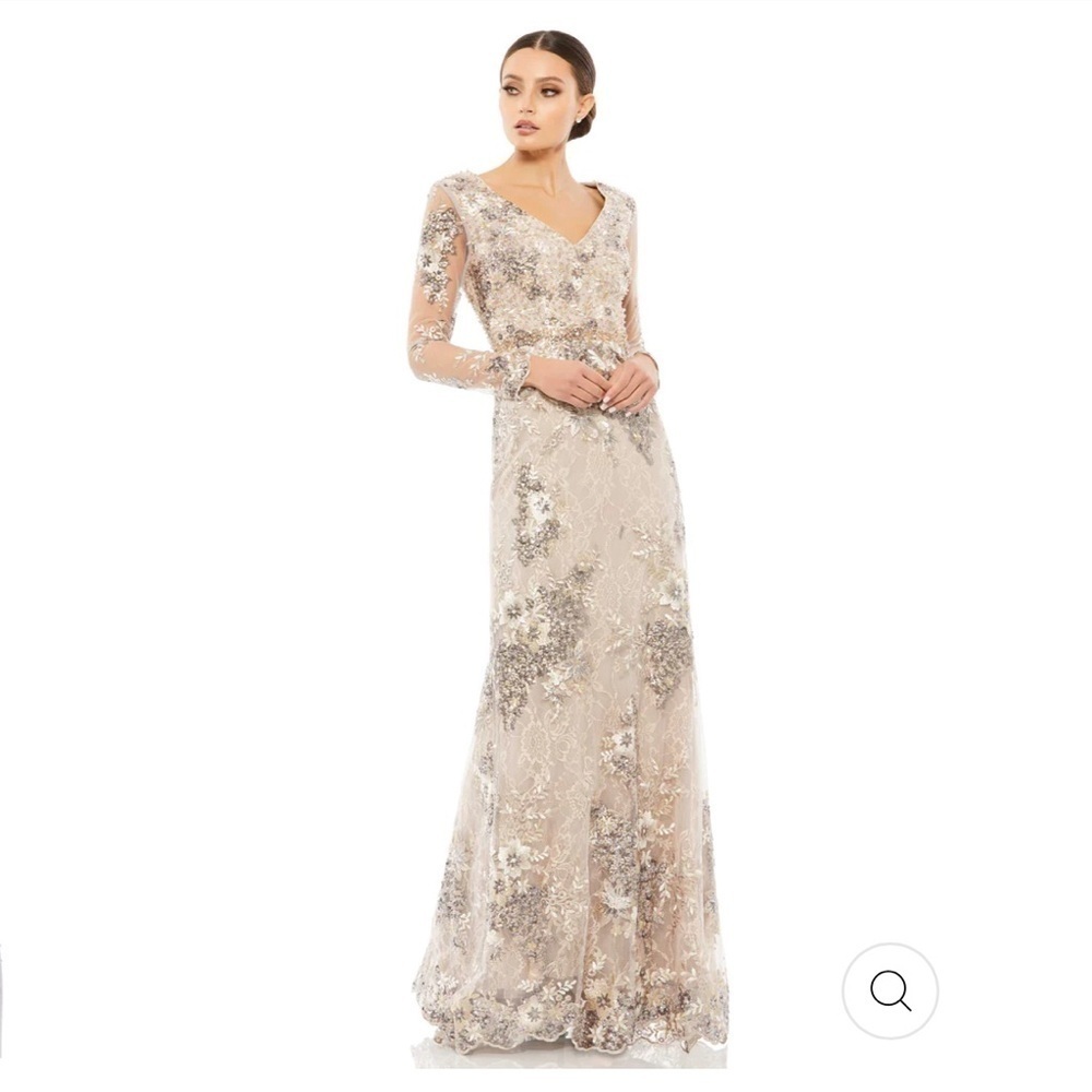 Mac Duggal EMBELLISHED V NECK ILLUSION LONG SLEEVE GOWN size 8 NEW $698 Taupe